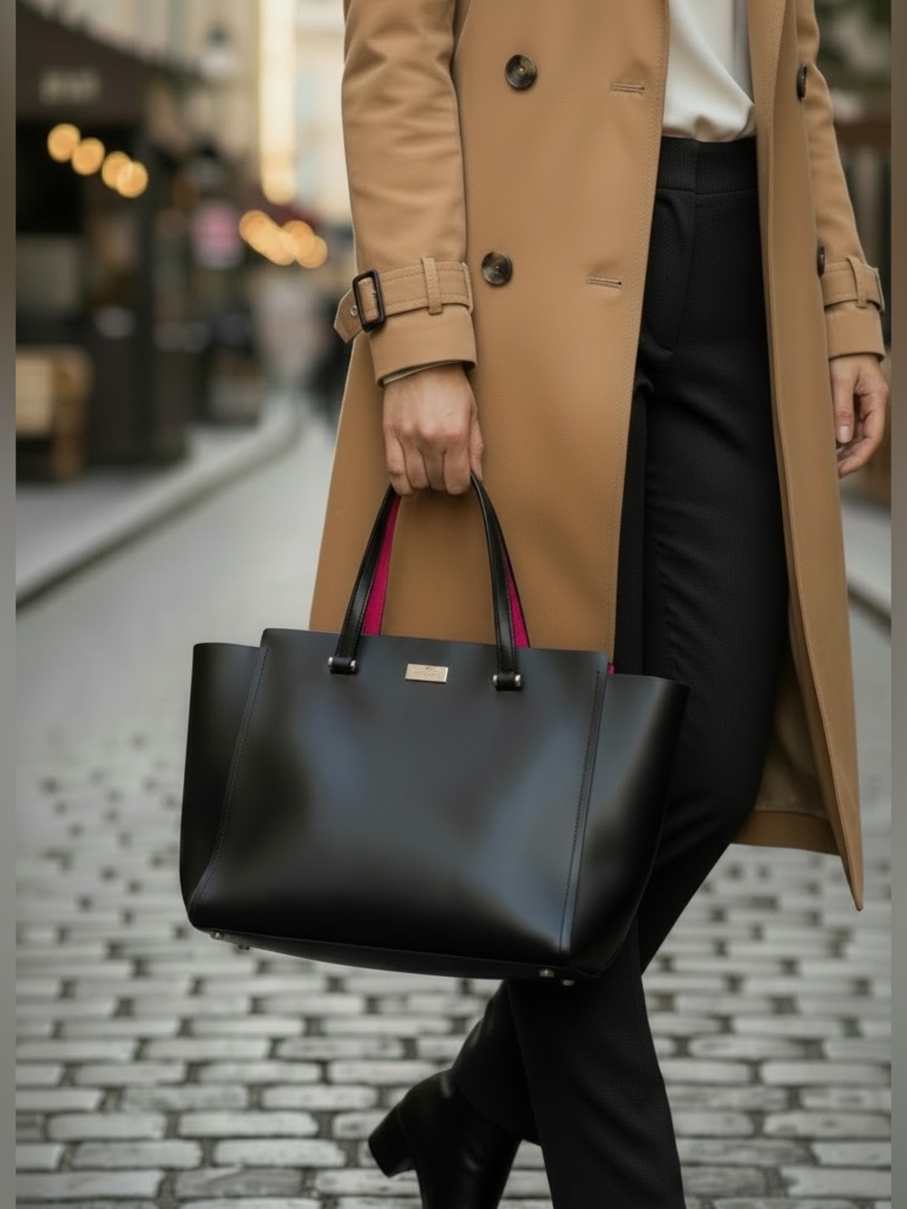 Kate Spade Black Open Top Leather Tote with Pink Interior Lining
